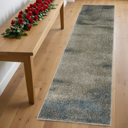 8' Beige And Blue Abstract Distressed Runner Rug