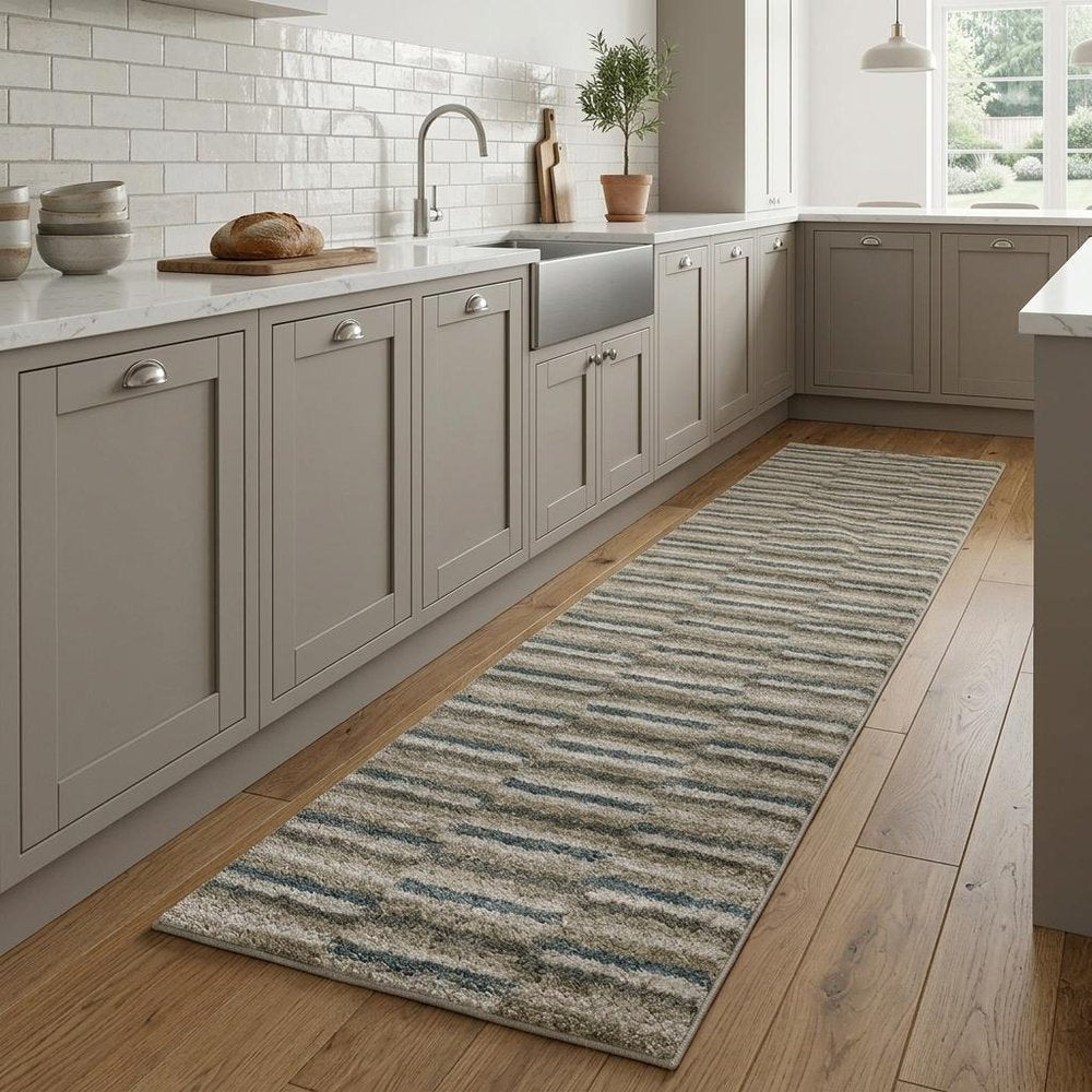 8' Beige And Blue Abstract Distressed Runner Rug