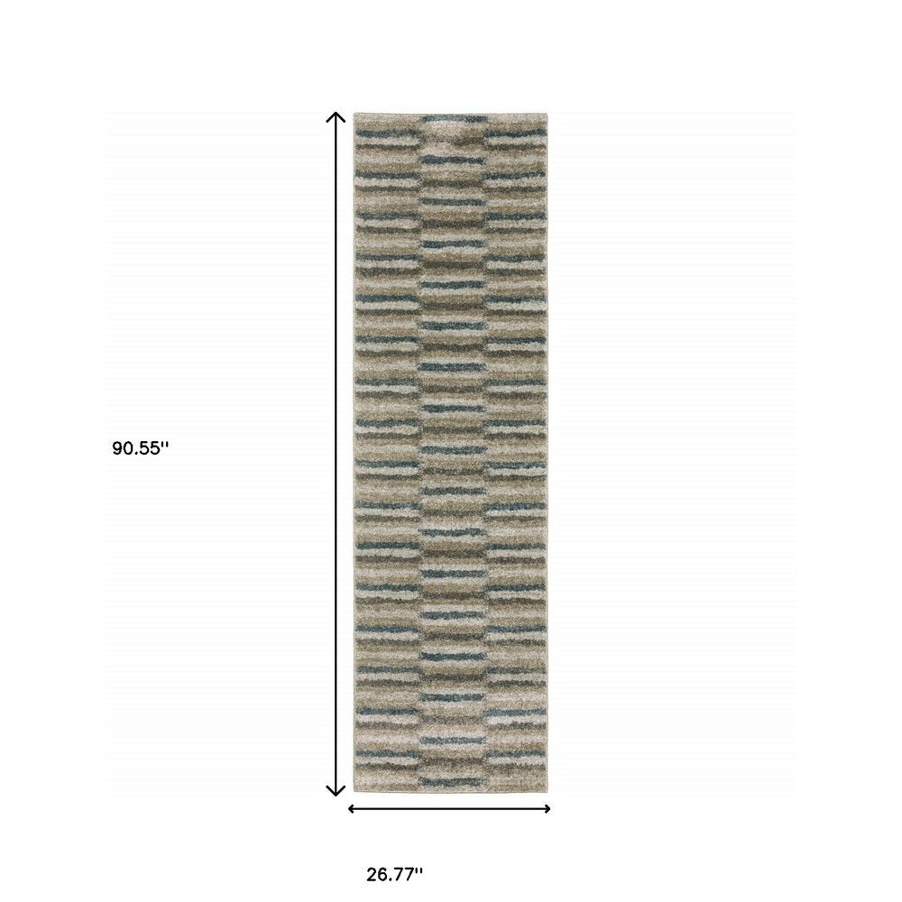 8' Beige And Blue Abstract Distressed Runner Rug