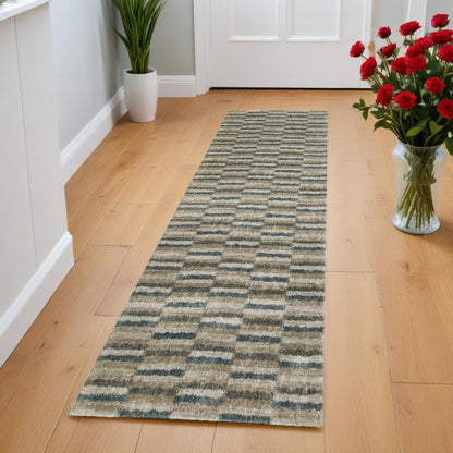 8' Beige And Blue Abstract Distressed Runner Rug