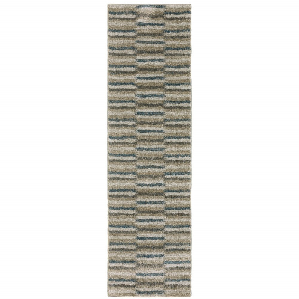 8' Beige And Blue Abstract Distressed Runner Rug