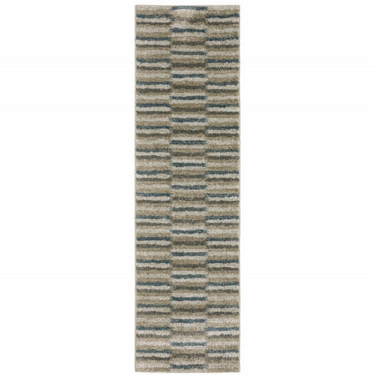 8' Beige And Blue Abstract Distressed Runner Rug