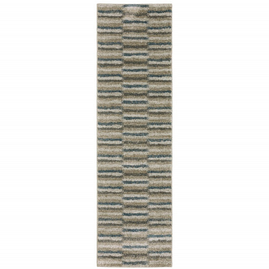 8' Beige And Blue Abstract Distressed Runner Rug