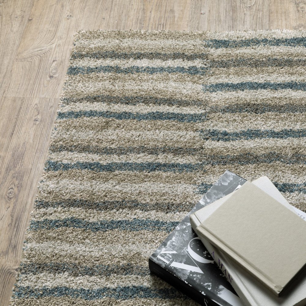 8' Beige And Blue Abstract Distressed Runner Rug