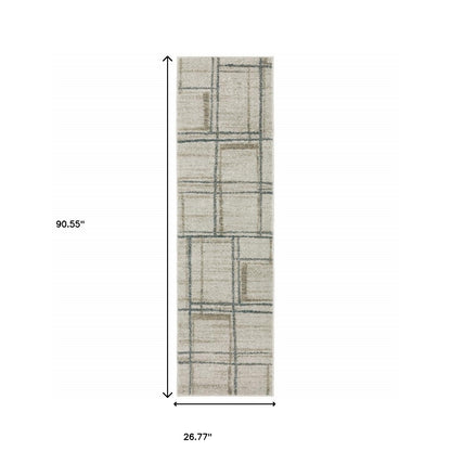 8' Runner Grey Teal Beige and Tan Geometric Power Loom Runner Rug