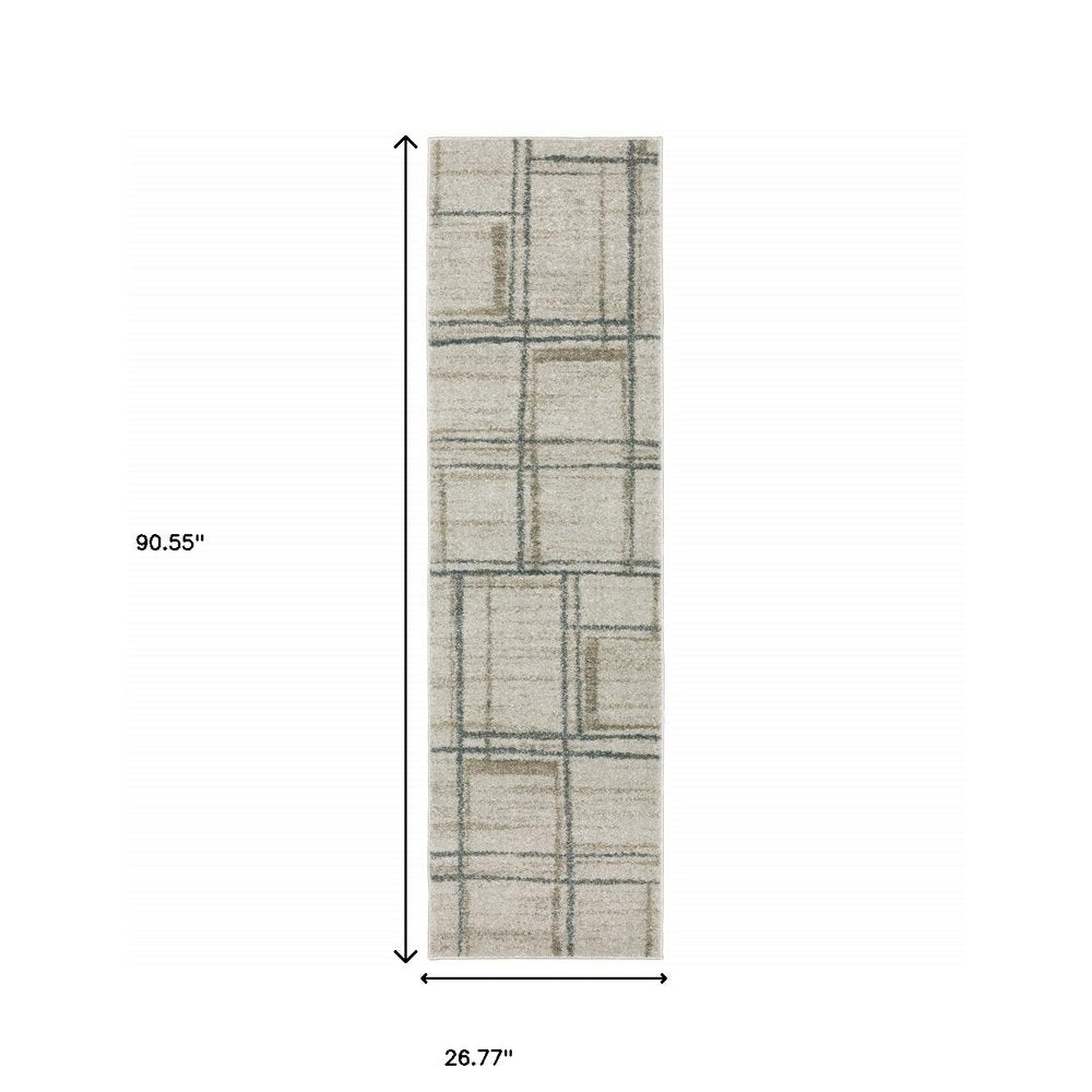 8' Beige And Blue Geometric Distressed Runner Rug