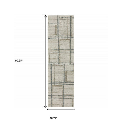 8' Beige And Blue Geometric Distressed Runner Rug