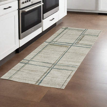 8' Beige And Blue Geometric Distressed Runner Rug