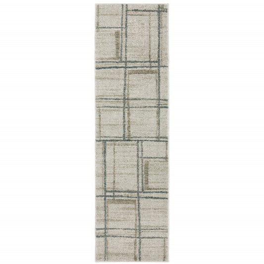 8' Beige And Blue Geometric Distressed Runner Rug