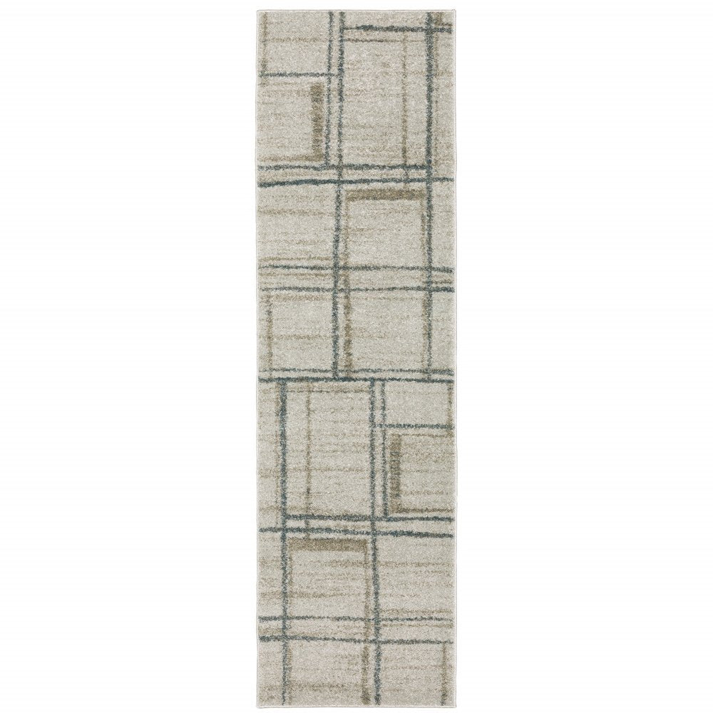 8' Beige And Blue Geometric Distressed Runner Rug