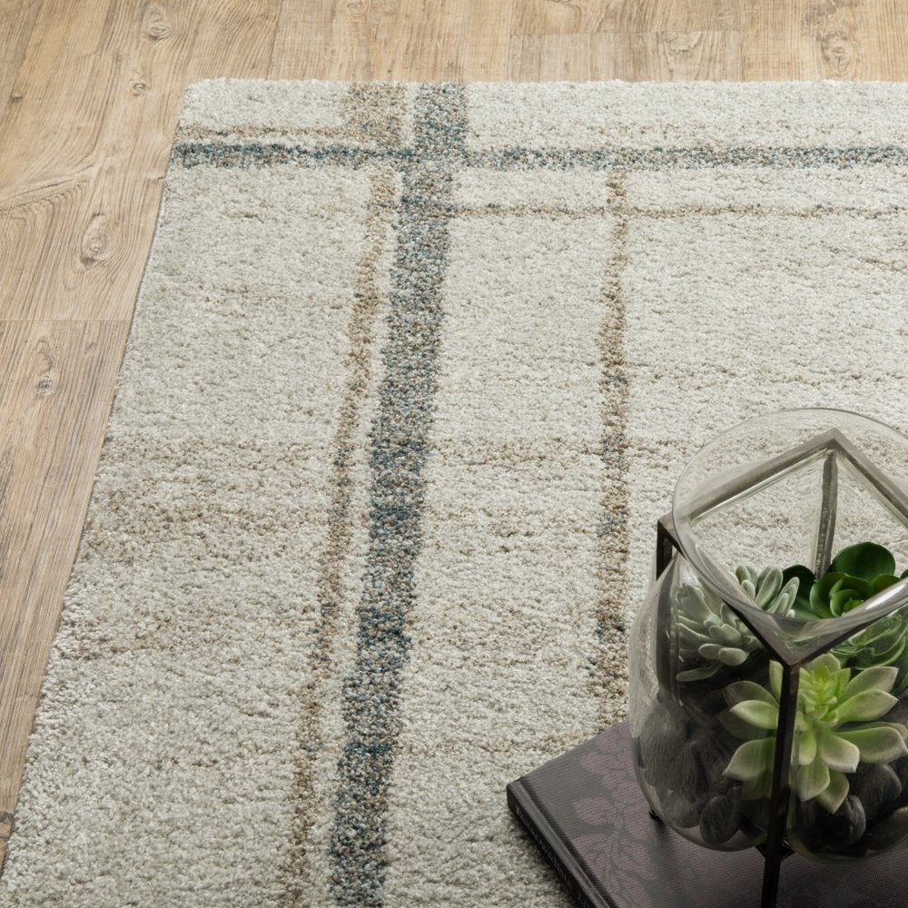 8' Beige And Blue Geometric Distressed Runner Rug