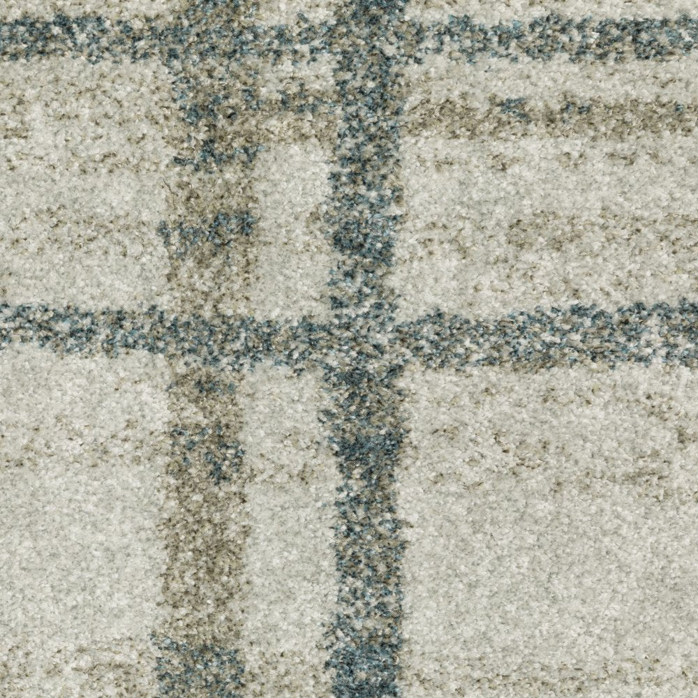 8' Beige And Blue Geometric Distressed Runner Rug