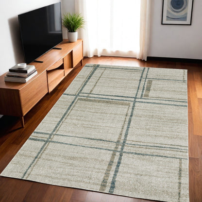 5' X 8' Grey Teal Beige and Tan Geometric Power Loom Area Rug