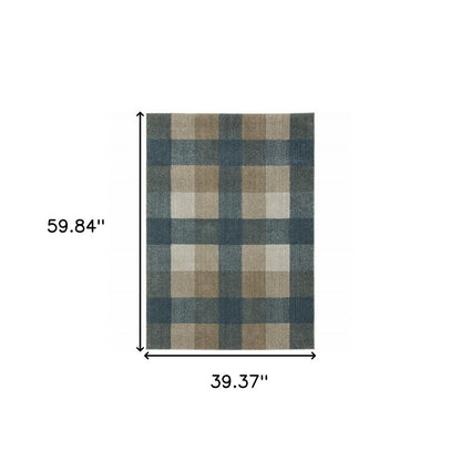3' X 5' Blue And Beige Geometric Distressed Area Rug