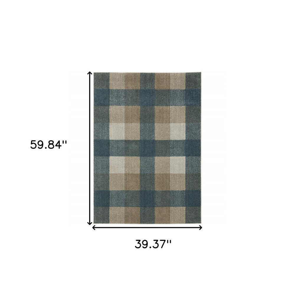 3' X 5' Blue And Beige Geometric Distressed Area Rug