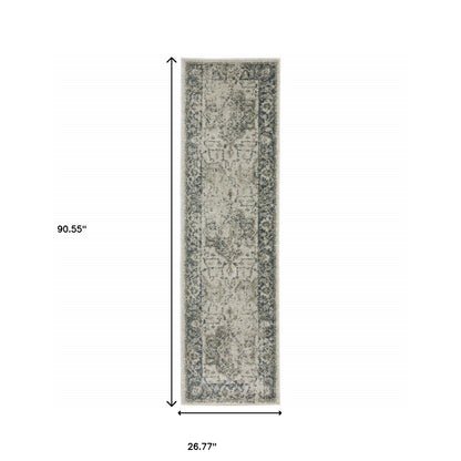 8' Beige And Blue Oriental Distressed Runner Rug