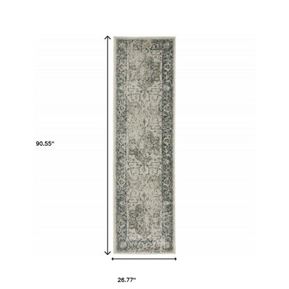 8' Beige And Blue Oriental Distressed Runner Rug
