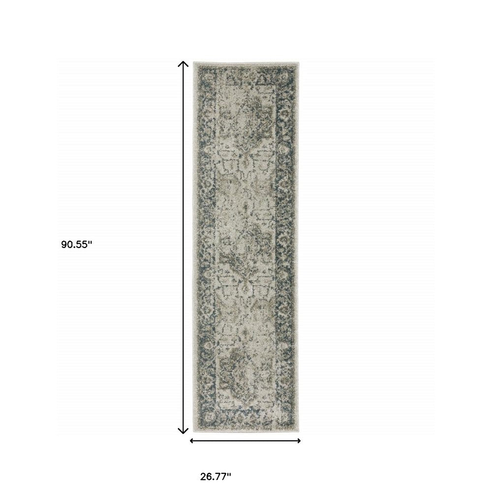 8' Beige And Blue Oriental Distressed Runner Rug
