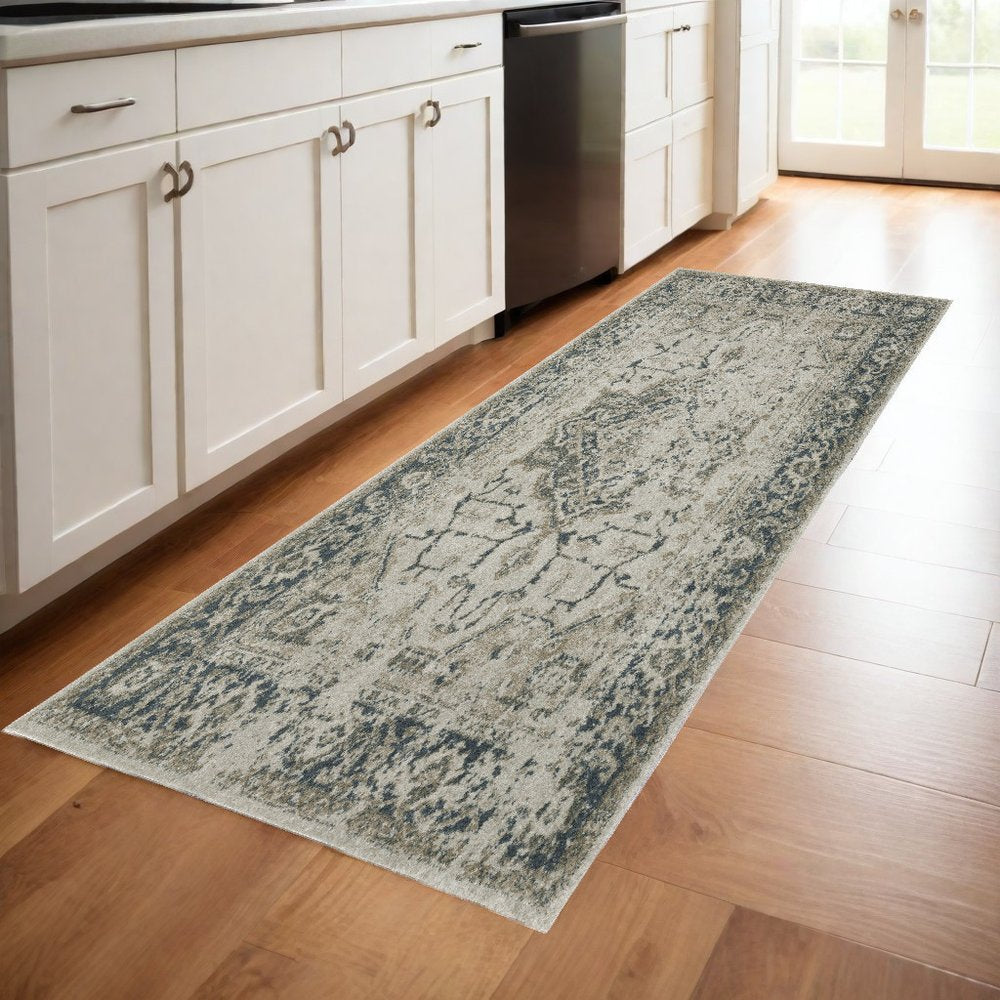 8' Beige And Blue Oriental Distressed Runner Rug