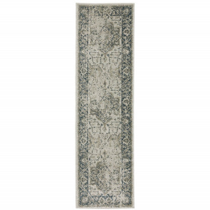 8' Beige And Blue Oriental Distressed Runner Rug