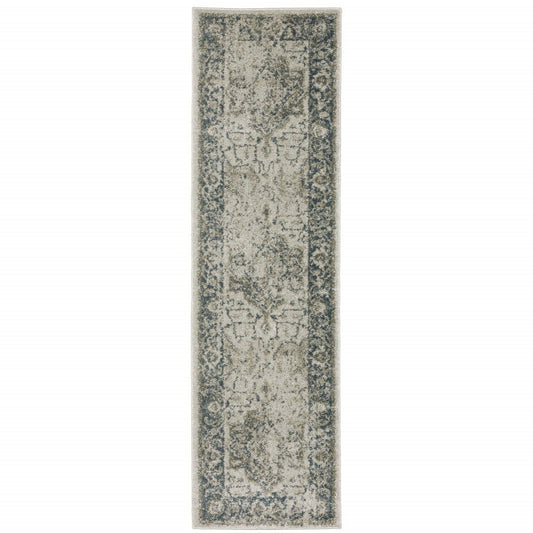 8' Beige And Blue Oriental Distressed Runner Rug