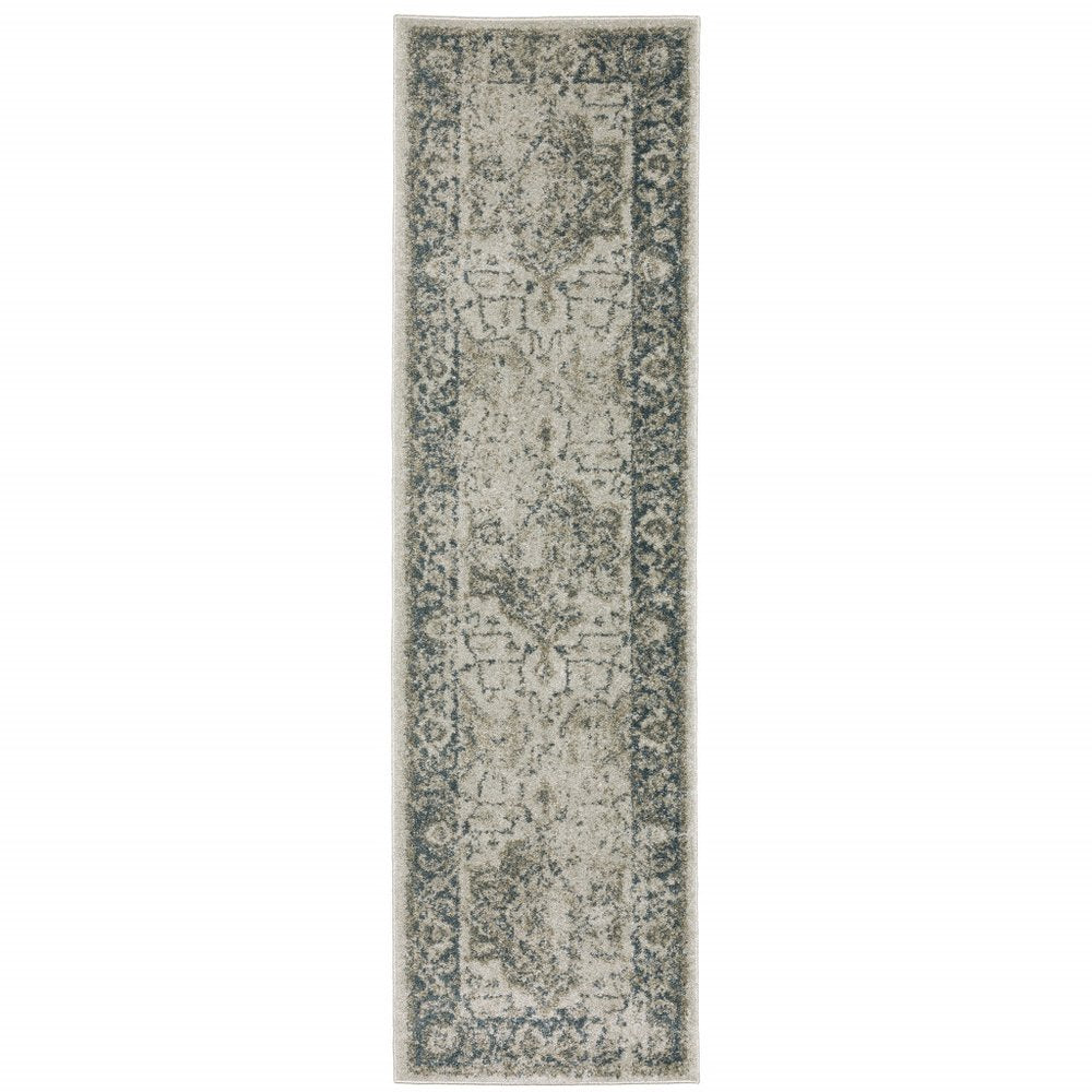 8' Beige And Blue Oriental Distressed Runner Rug