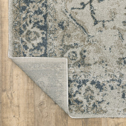 8' Beige And Blue Oriental Distressed Runner Rug