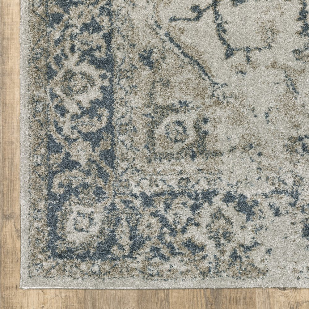 8' Beige And Blue Oriental Distressed Runner Rug
