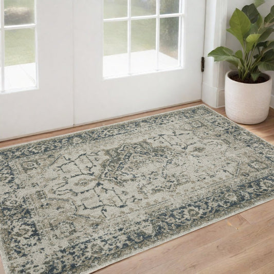3' X 5' Beige And Blue Oriental Distressed Area Rug