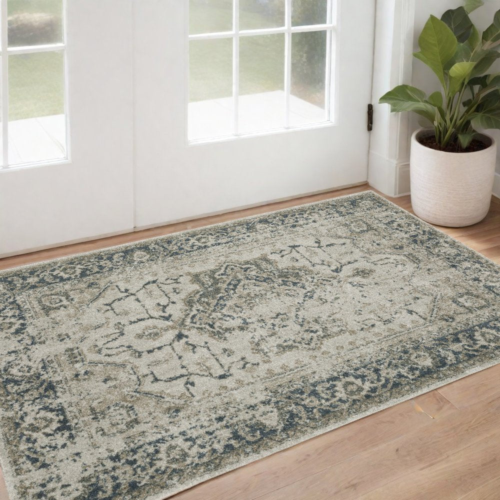 3' X 5' Beige And Blue Oriental Distressed Area Rug
