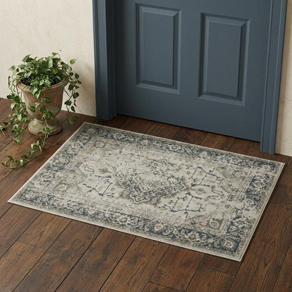 3' X 5' Beige And Blue Oriental Distressed Area Rug