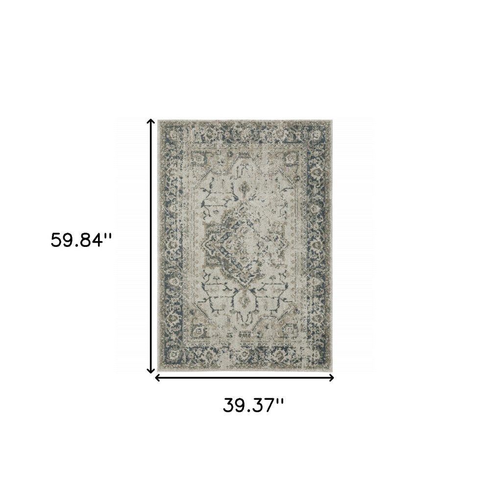 3' X 5' Beige And Blue Oriental Distressed Area Rug
