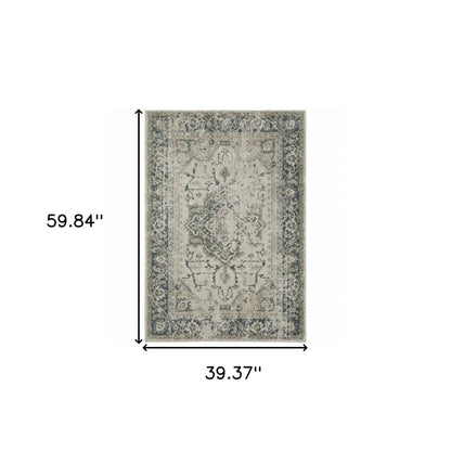 3' X 5' Beige And Blue Oriental Distressed Area Rug