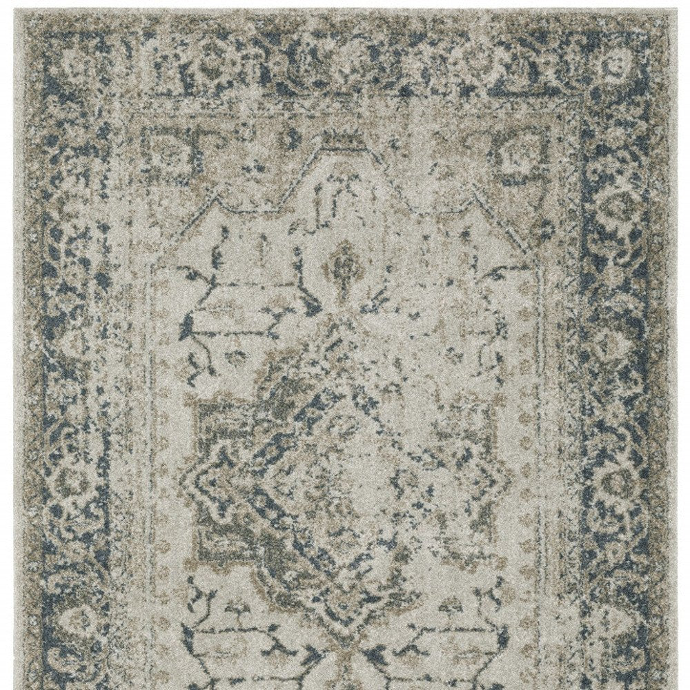 3' X 5' Beige And Blue Oriental Distressed Area Rug