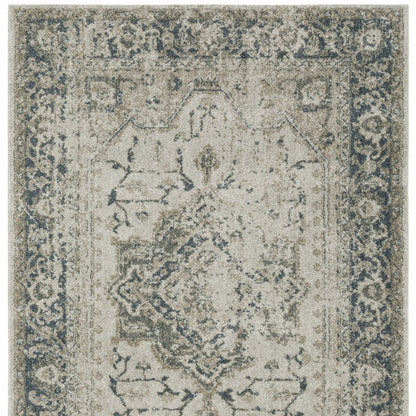 3' X 5' Beige And Blue Oriental Distressed Area Rug