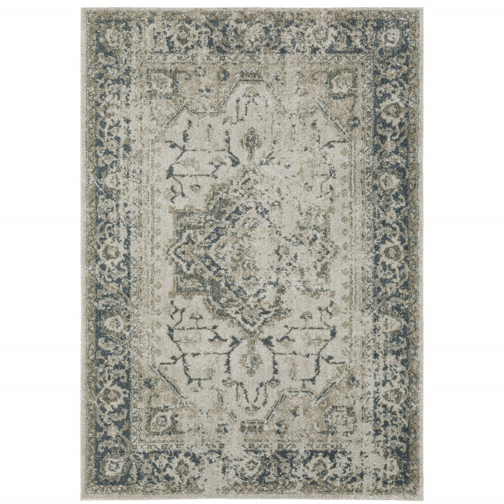 3' X 5' Beige And Blue Oriental Distressed Area Rug