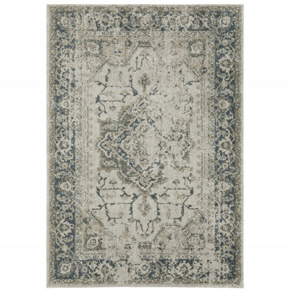 3' X 5' Beige And Blue Oriental Distressed Area Rug