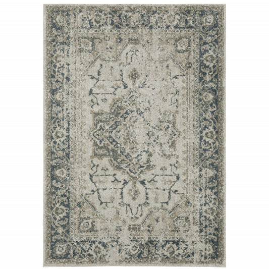 3' X 5' Beige And Blue Oriental Distressed Area Rug