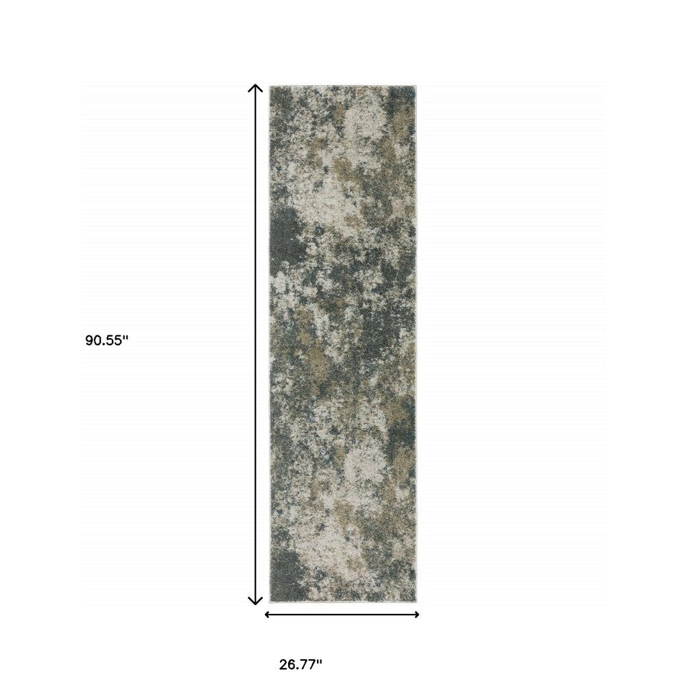 8' Blue And Beige Abstract Distressed Runner Rug