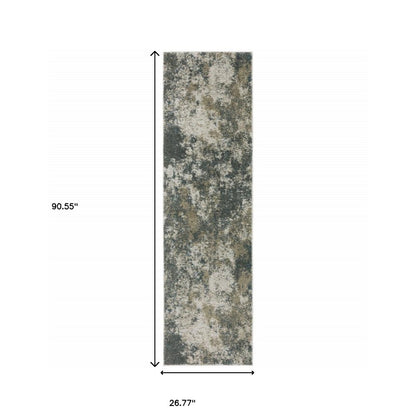 8' Blue And Beige Abstract Distressed Runner Rug