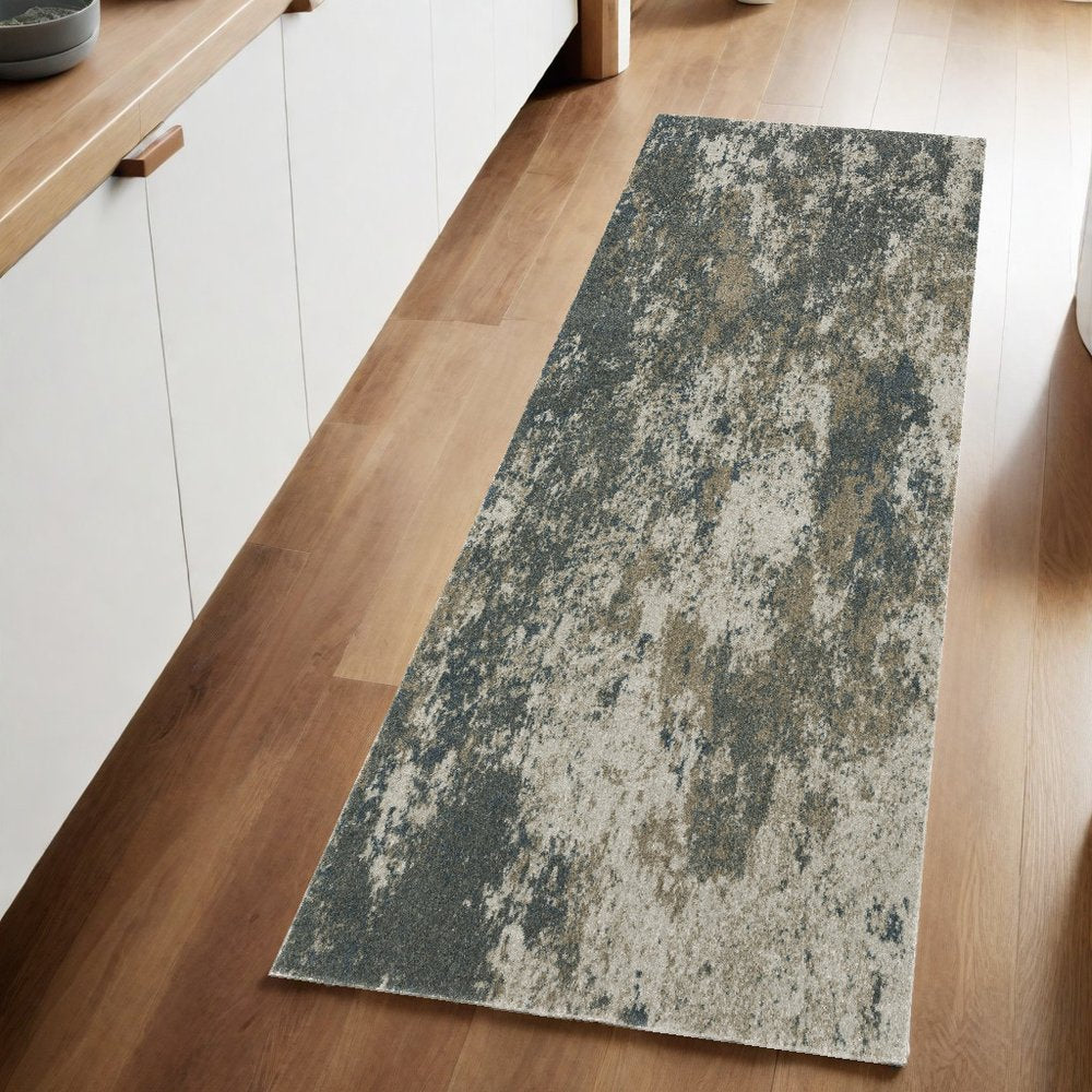 8' Blue And Beige Abstract Distressed Runner Rug
