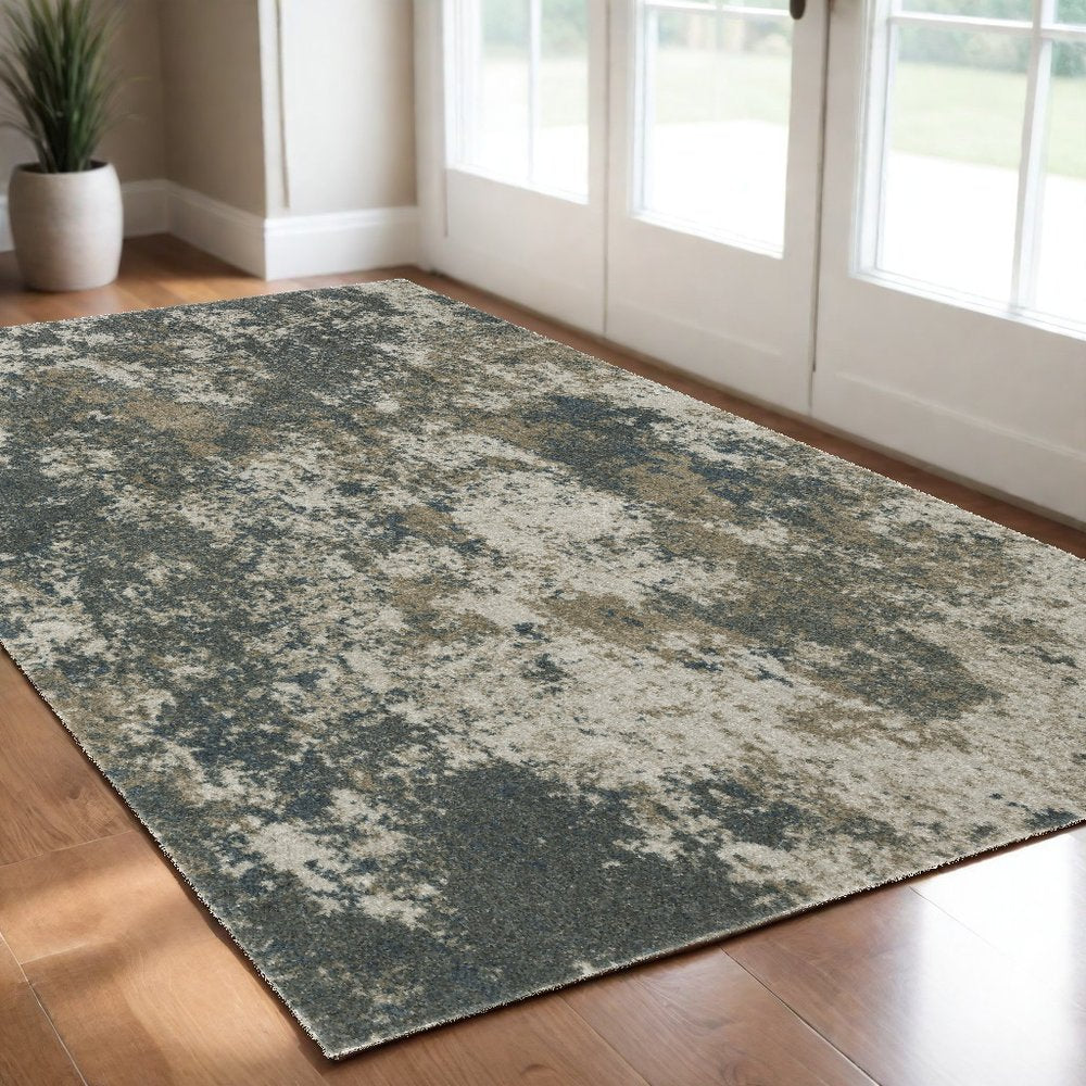 3' X 5' Blue And Beige Abstract Distressed Area Rug
