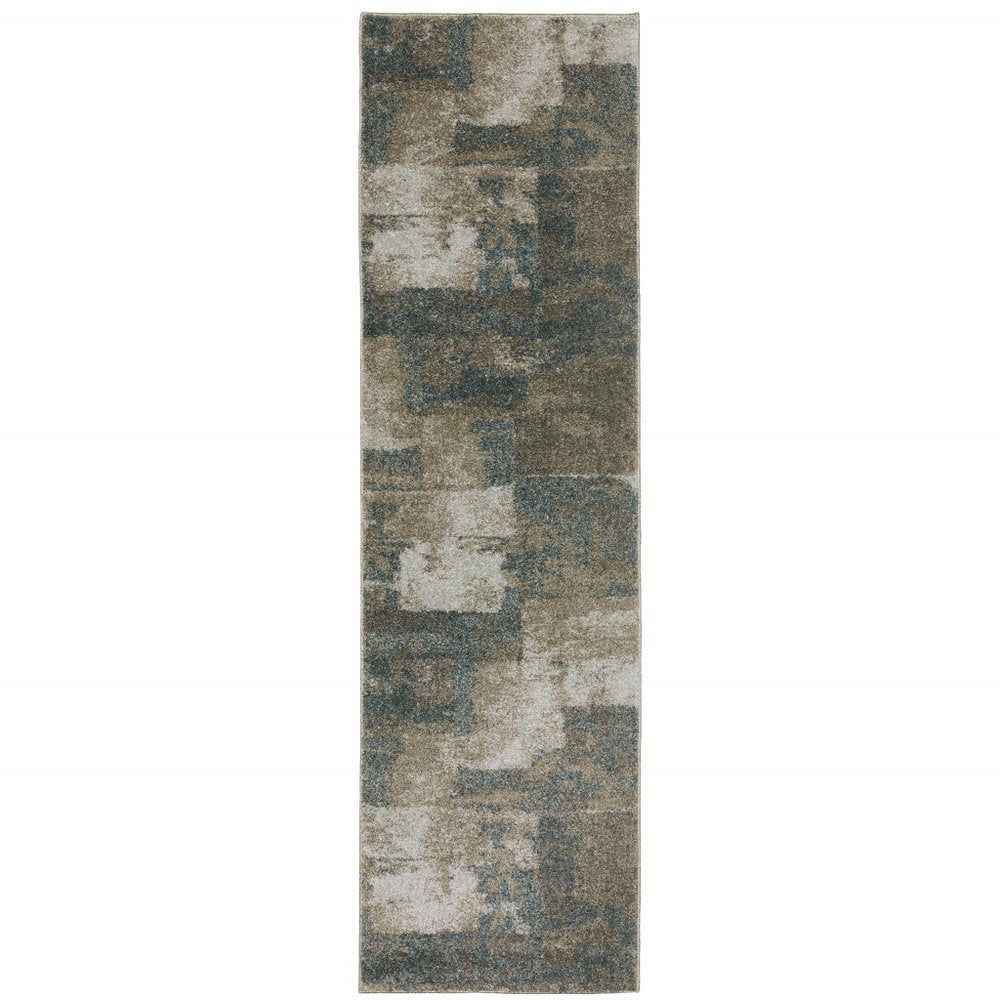 8' Teal Blue And Brown Geometric Distressed Runner Rug