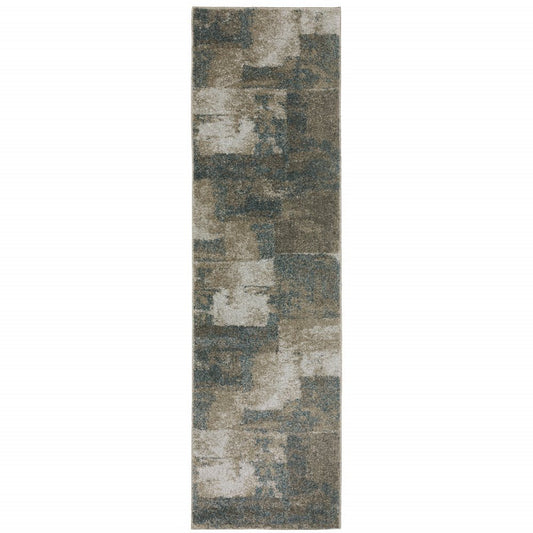 8' Teal Blue And Brown Geometric Distressed Runner Rug