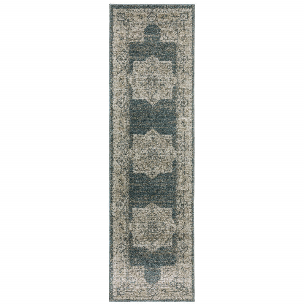 8' Runner Blue and Beige Oriental Power Loom Runner Rug