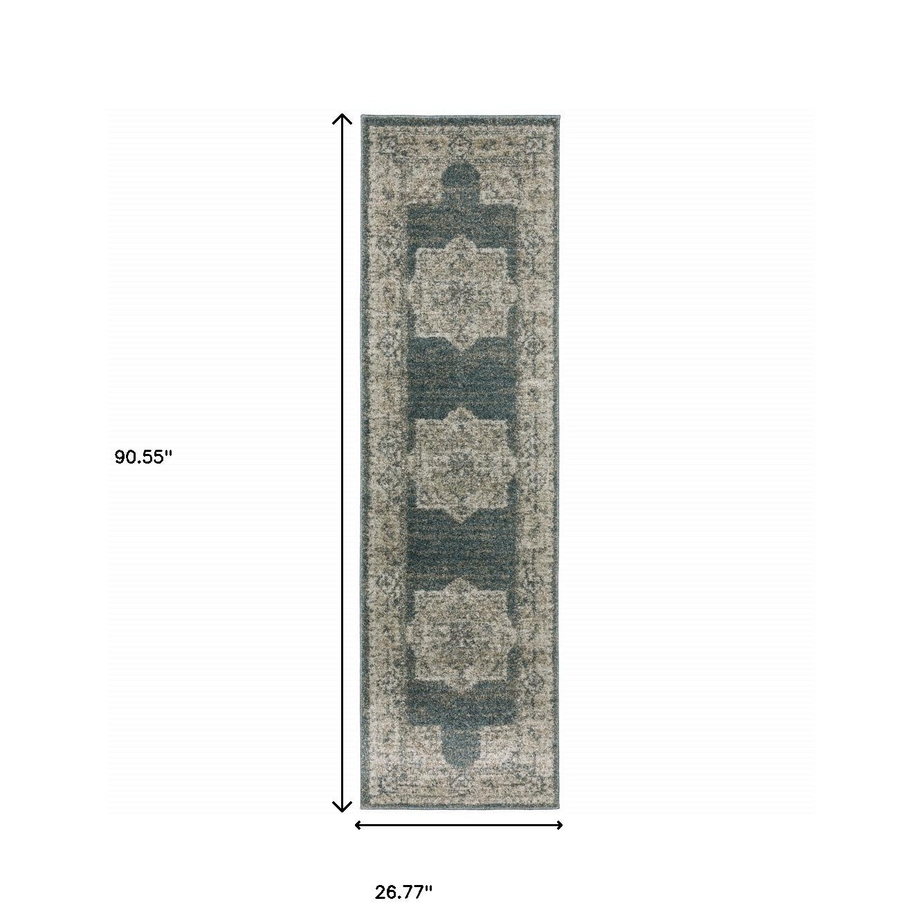 8' Runner Blue and Beige Oriental Power Loom Runner Rug