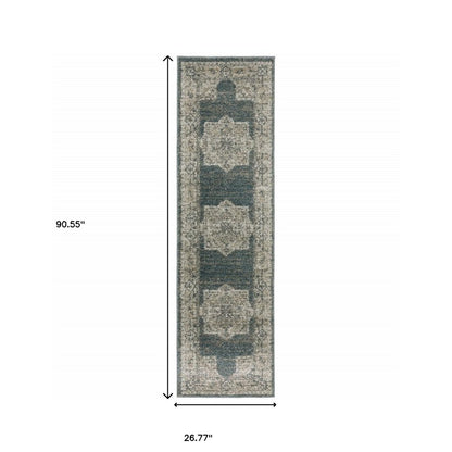 8' Blue And Beige Oriental Runner Rug