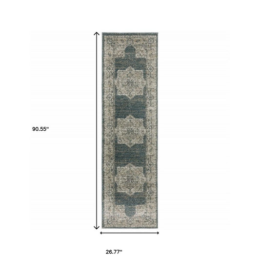 8' Blue And Beige Oriental Runner Rug
