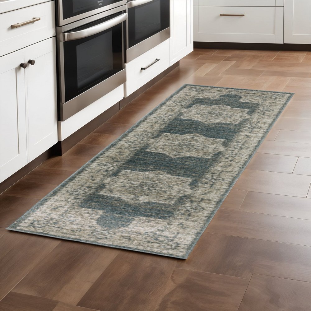 8' Blue And Beige Oriental Runner Rug