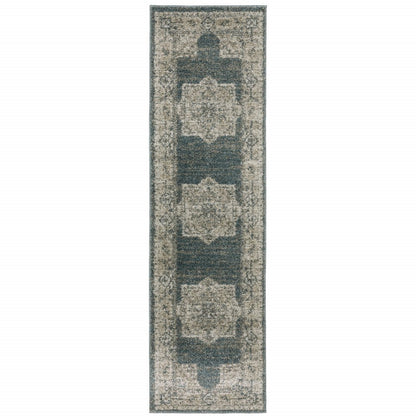 8' Blue And Beige Oriental Runner Rug